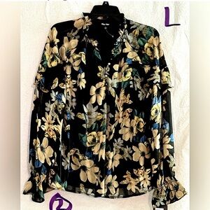 LADIES BLACK TOP WITH YELLOW, TAN, BLUE & WHITE FLOWERS